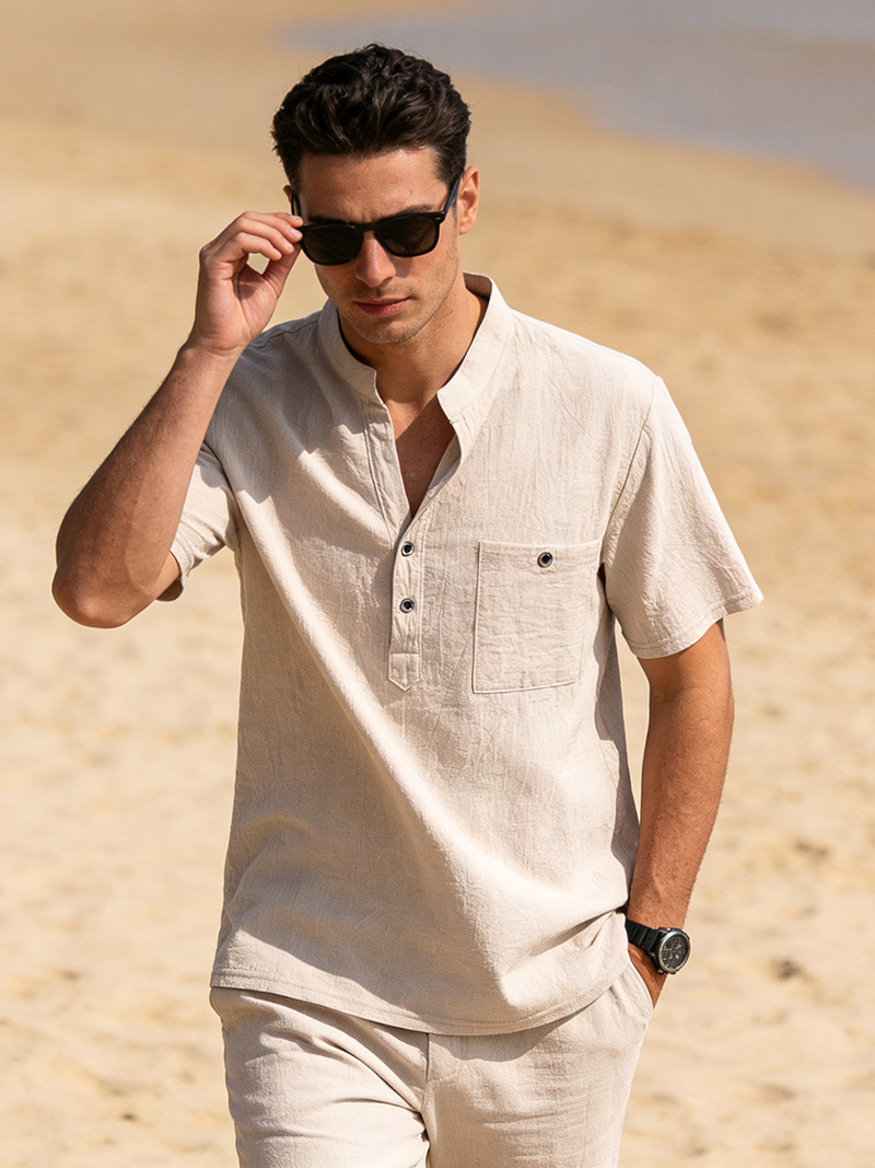 Men's Cotton Linen Henley Shir - Linen Shirt Breathable recension och pris