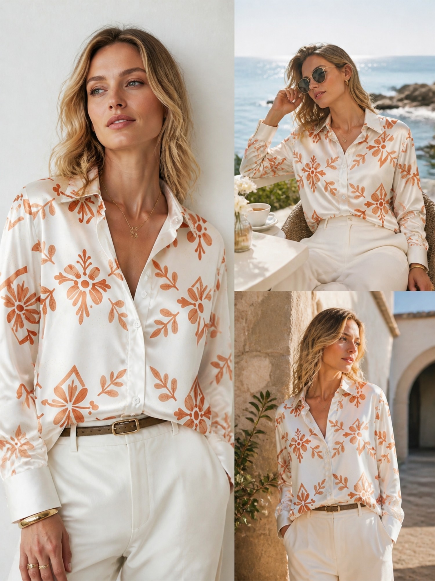 Cream Orange Floral Satin Blou - Resort Shirt Floral recension och pris