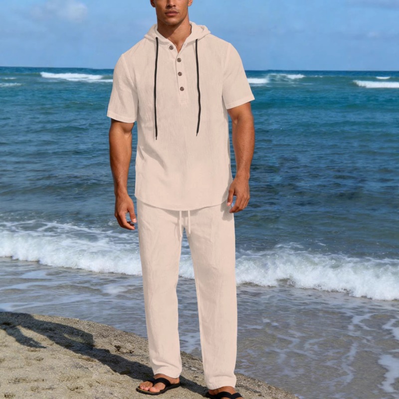 Men's 2 Piece Linen Hooded Out - Short Linen Drawstring recension och pris