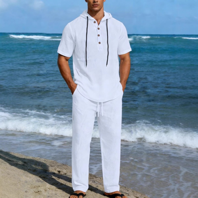Men's 2 Piece Linen Hooded Out - Short Linen Drawstring recension och pris