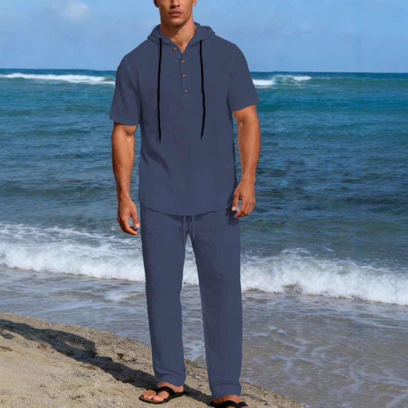 Men's 2 Piece Linen Hooded Out - Short Linen Drawstring recension och pris