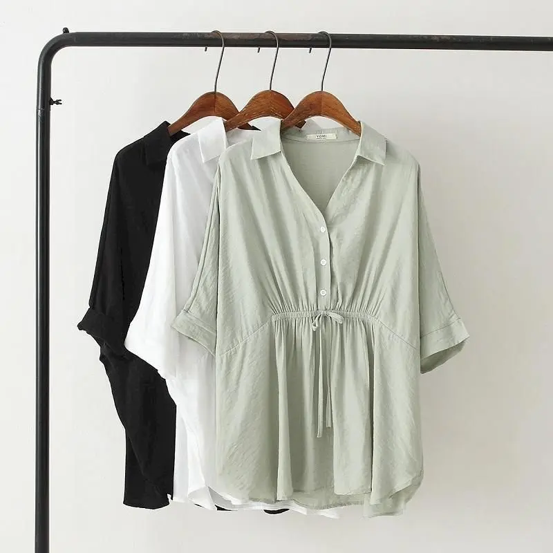 Korean Loose Blouses Women Fas - Short Linen Drawstring recension och pris