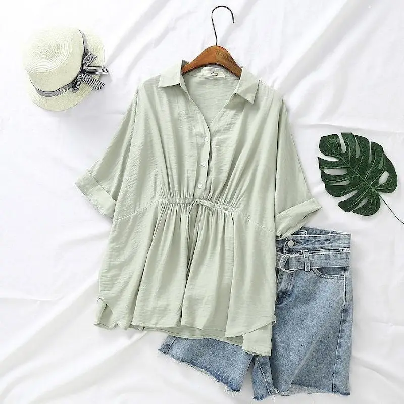 Korean Loose Blouses Women Fas - Short Linen Drawstring recension och pris