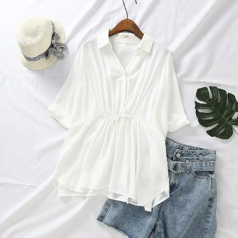 Korean Loose Blouses Women Fas - Short Linen Drawstring recension och pris