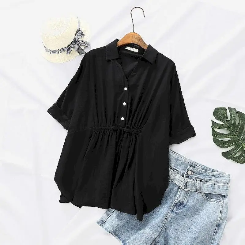 Korean Loose Blouses Women Fas - Short Linen Drawstring recension och pris